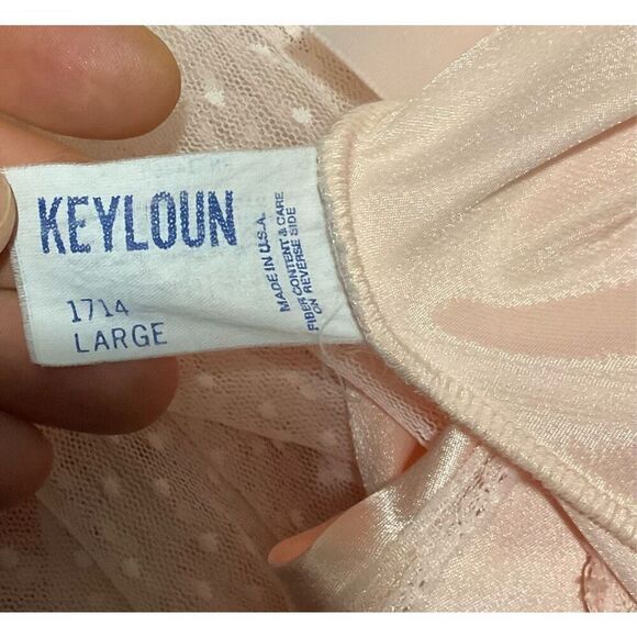 Vtg Keyloun Satin semi-sheer Mesh Lace Trim Chemise Slip Dress Peach Pink Size L - Picture 12 of 12